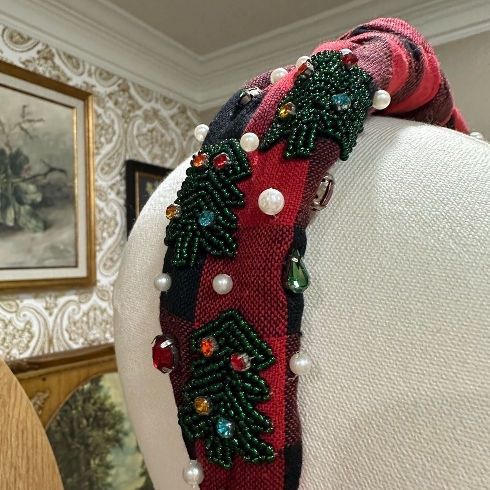 Plaid Red and Black Headband with Beaded Accents - Picture 2 of 5
